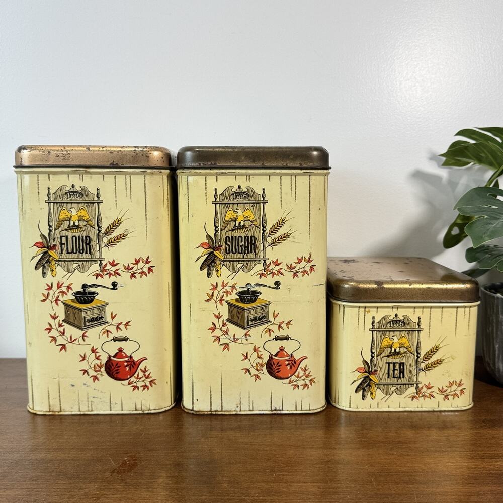 Vintage Cheinco Canister Set 3 PC Flour Sugar Tea Tin Kitchen Storage 1776 Eagle
